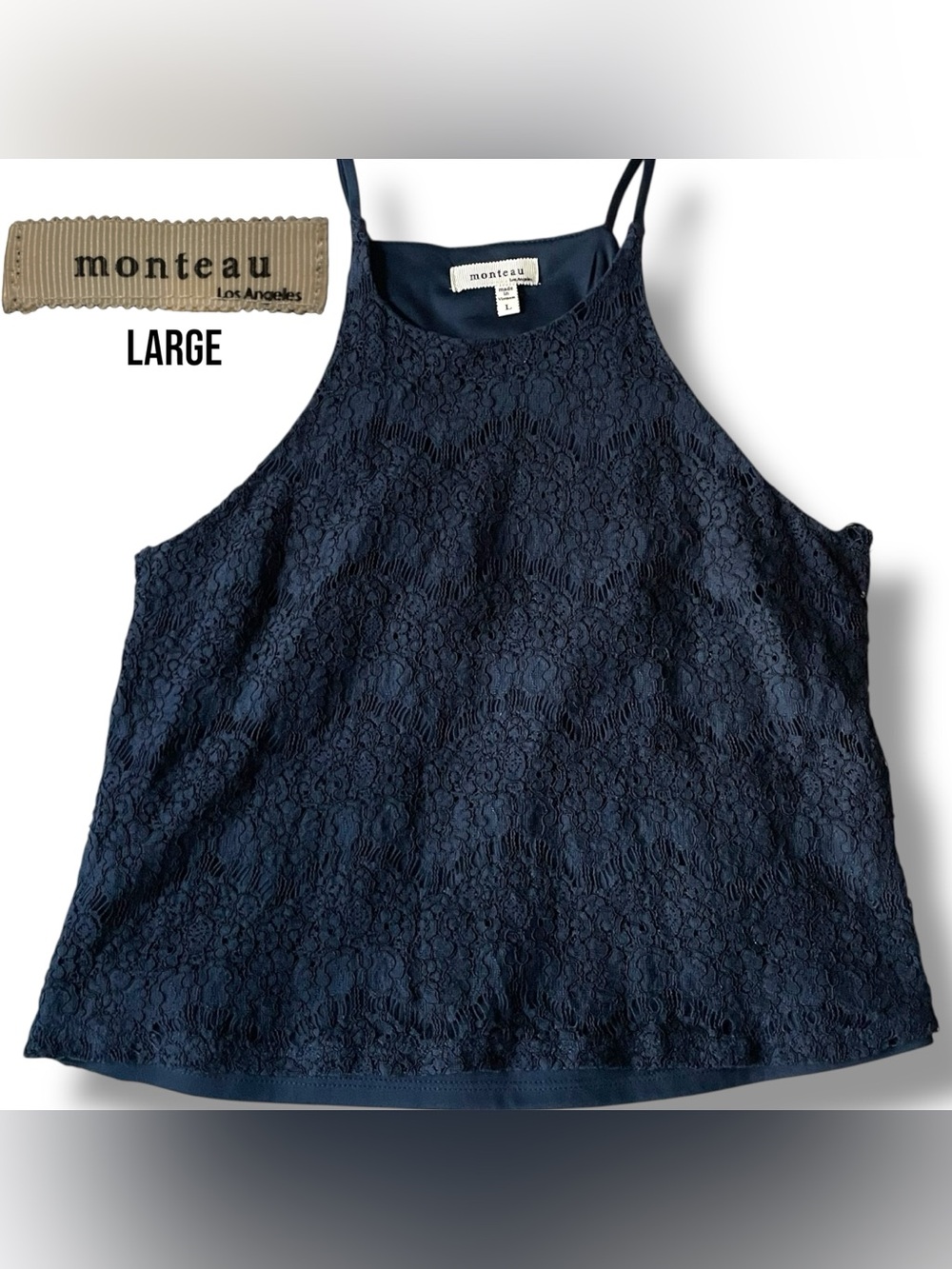 Monteau Los Angeles Navy Blue Lace Sleeveless Blouse Women’s Large Elegant Tank